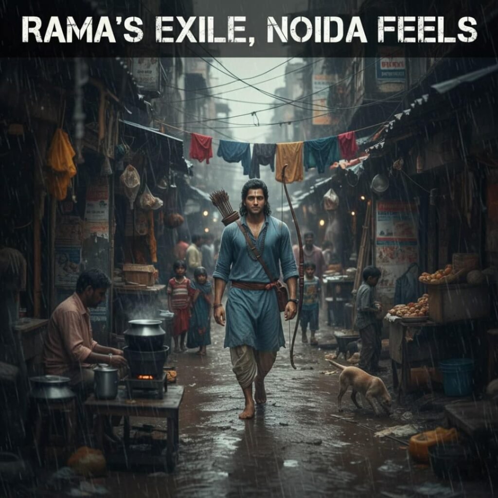 Rama walks through a rainy Delhi slum.