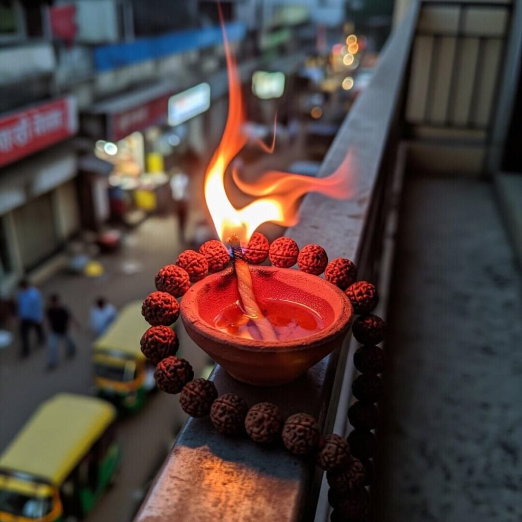 Rudraksha mala over diya, flickering flame on balcony.