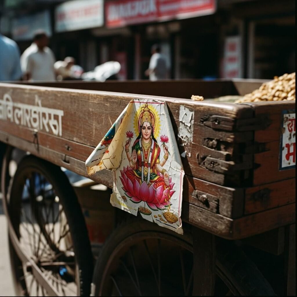 Peeling Lakshmi sticker on a street vendor's cart.