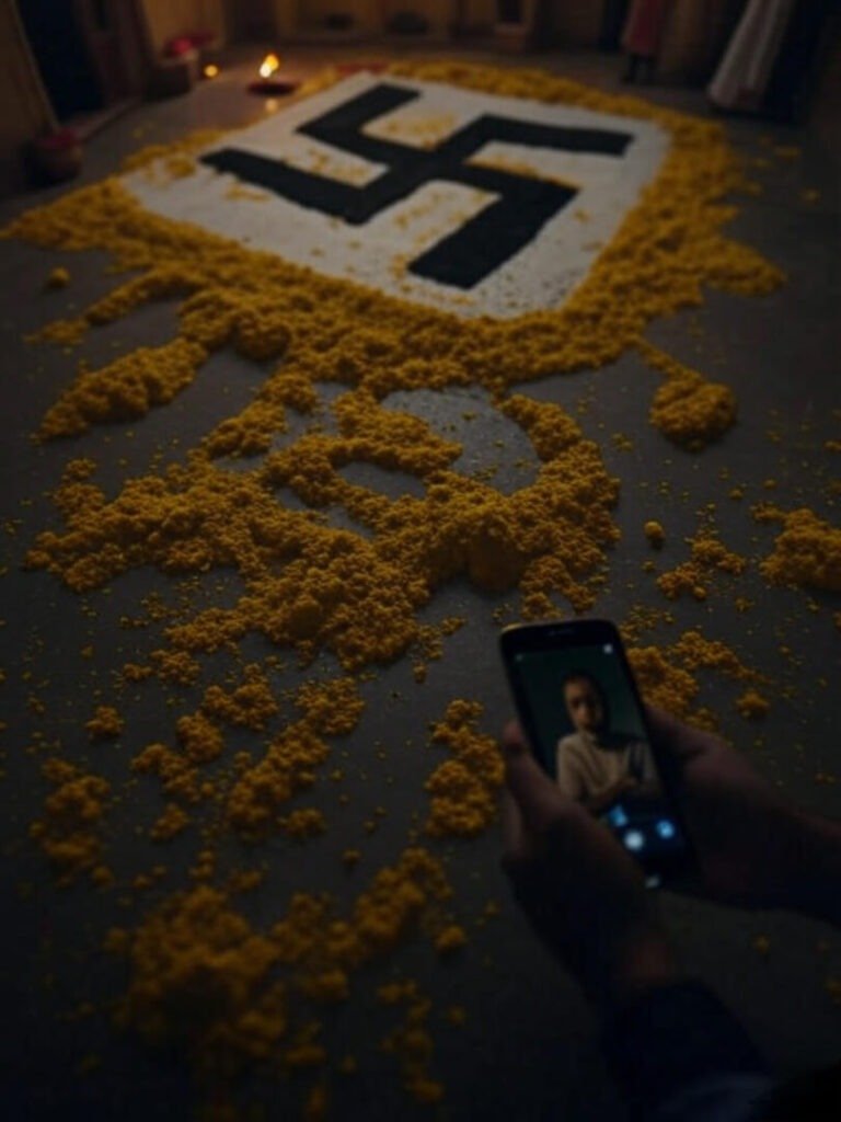 Nervous Diwali mishap, spilled haldi, awkward phone shot.
