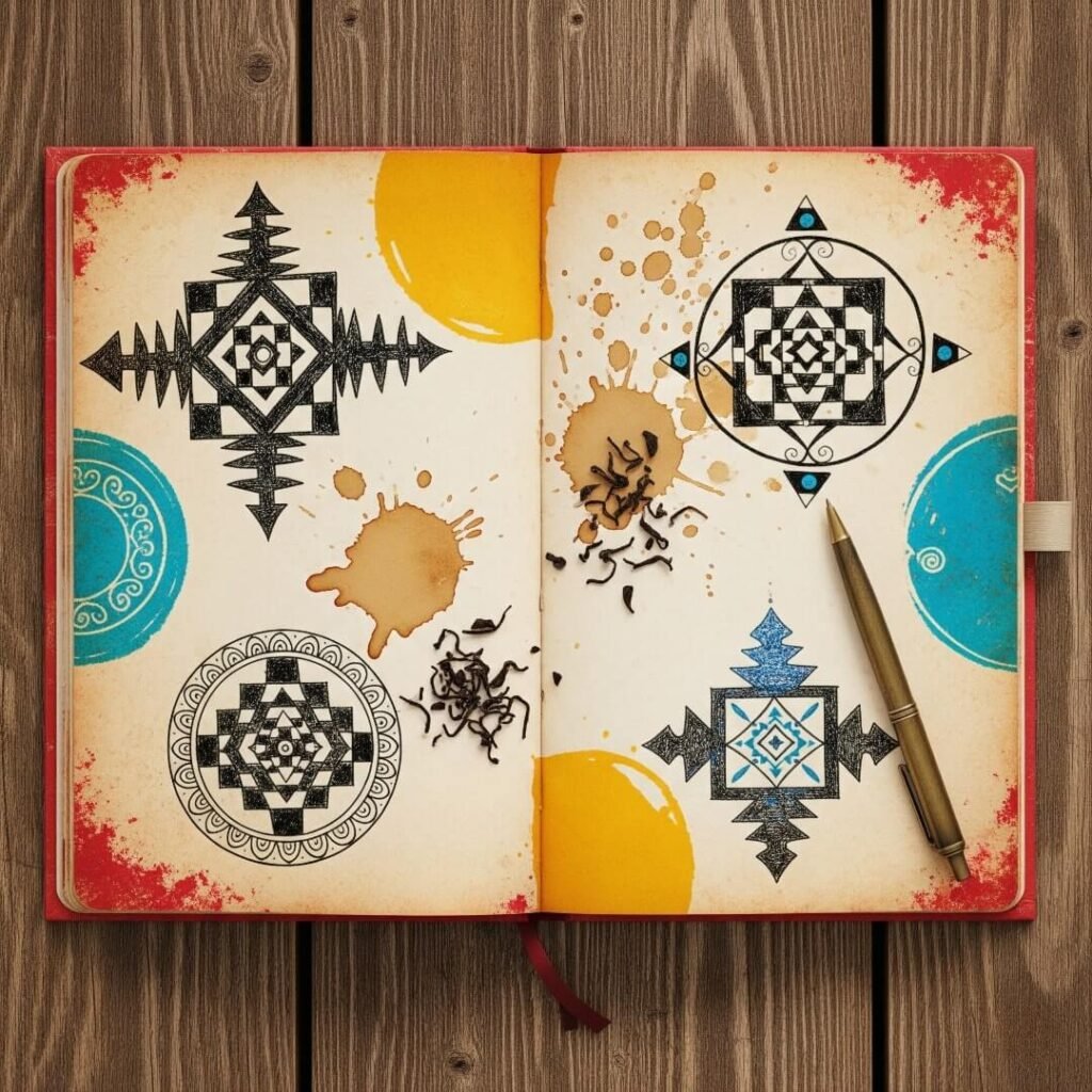 Journal with doodled yantras, smudged ink, chai stains.