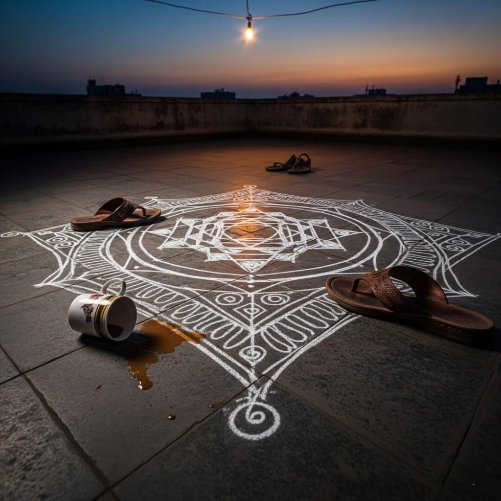 Chalk-drawn yantra on balcony floor at twilight, chappals, chai.