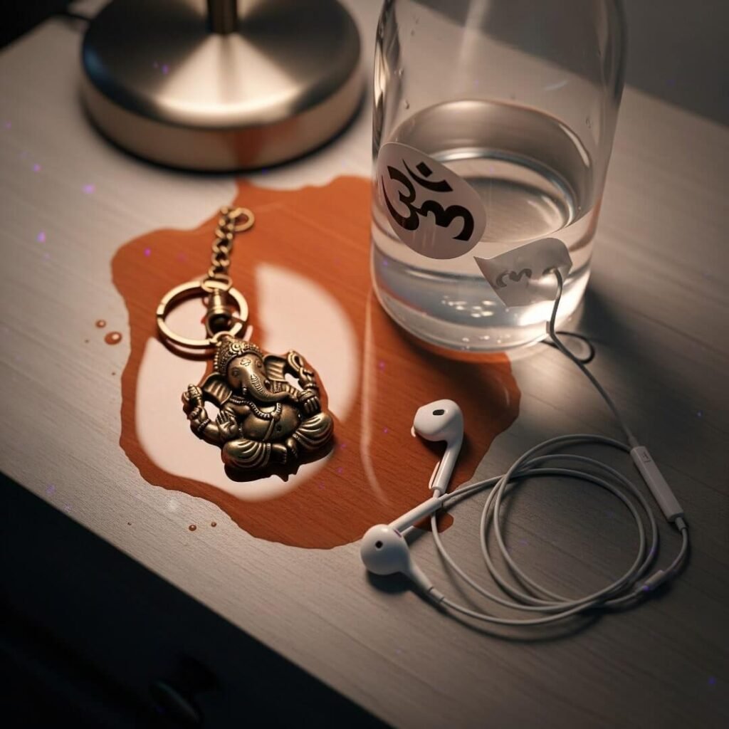 Ganesha keychain, spilled water, Om sticker, earbuds.