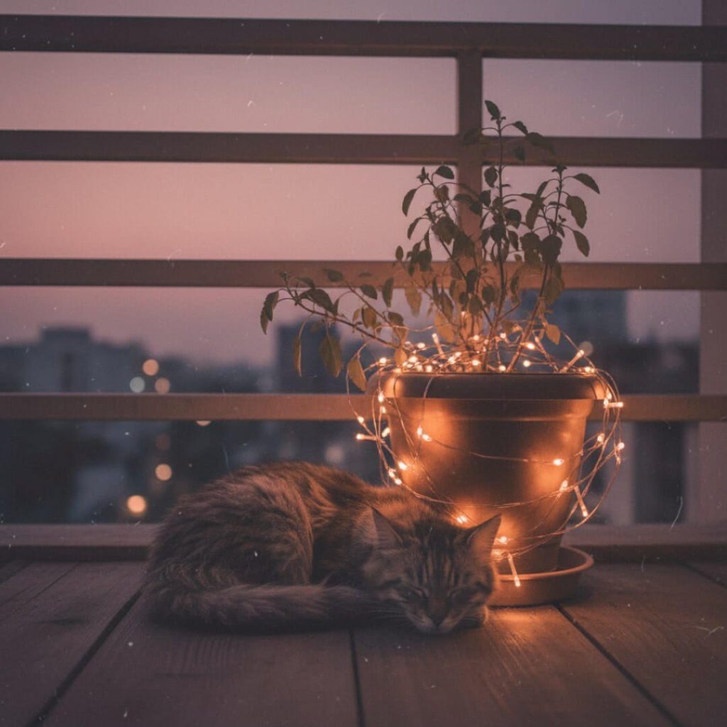 Cat by fairy-lit tulsi plant on a twilight balcony.
