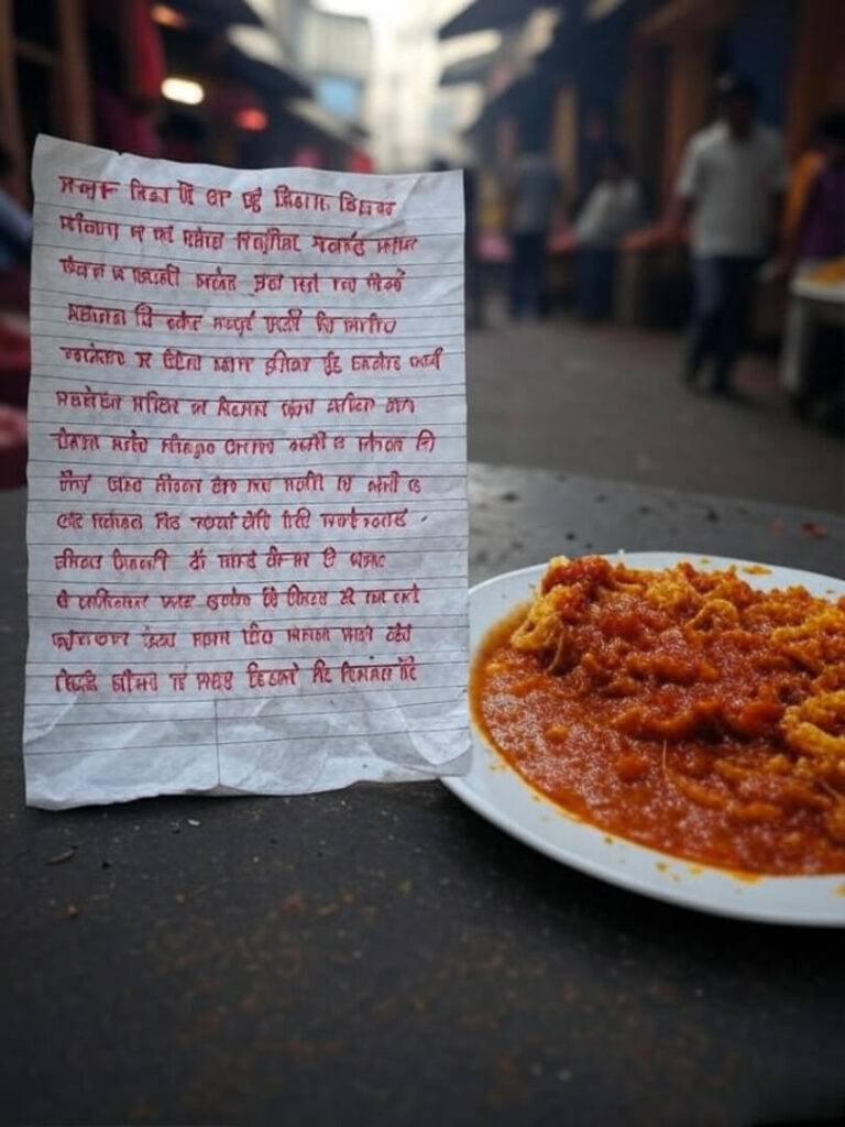 Crumpled paper prayers, half-eaten pav bhaji plate.