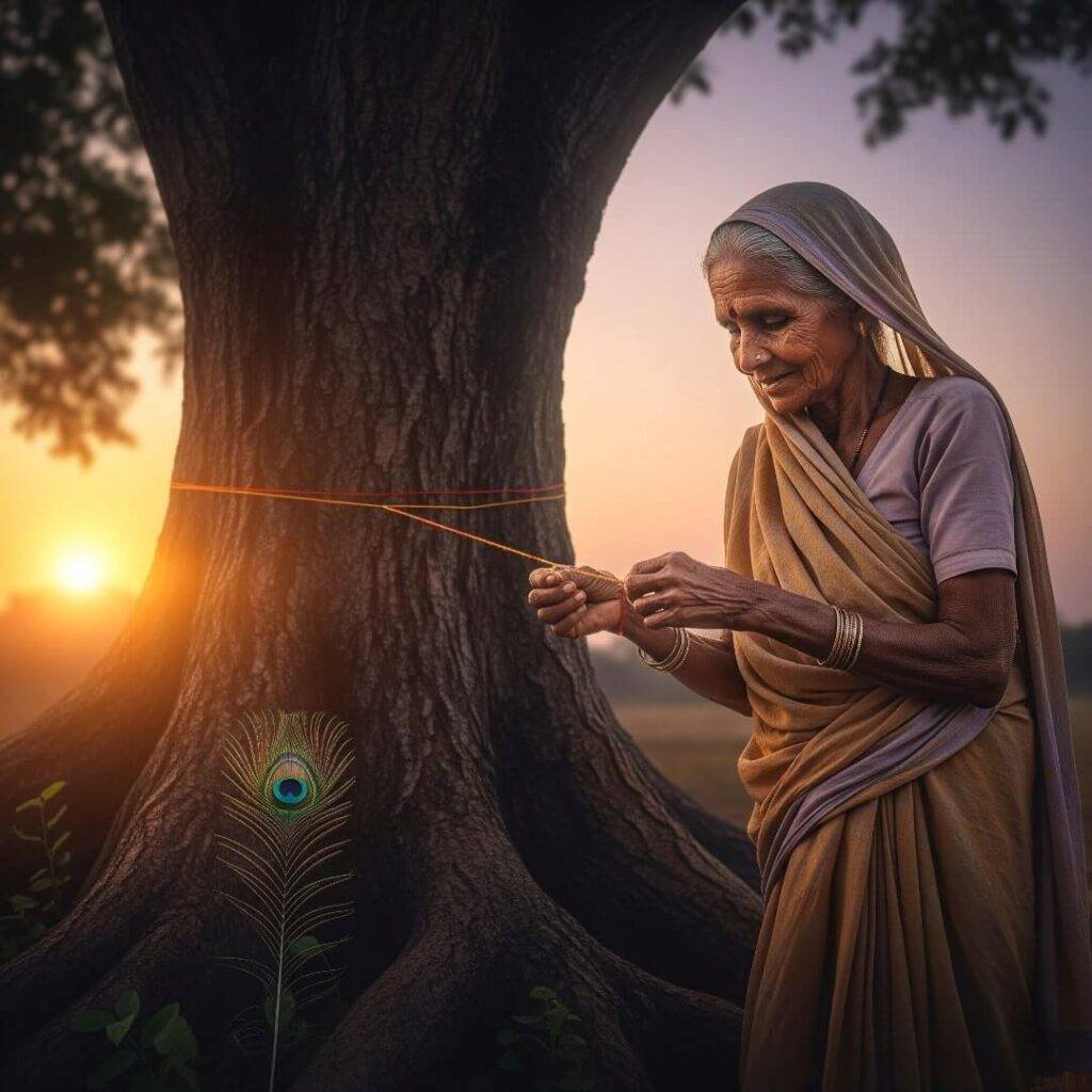 Old woman ties sacred thread on tree at dawn.