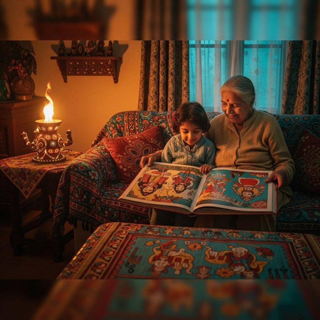 Grandparent and kid read a book in a cozy room.