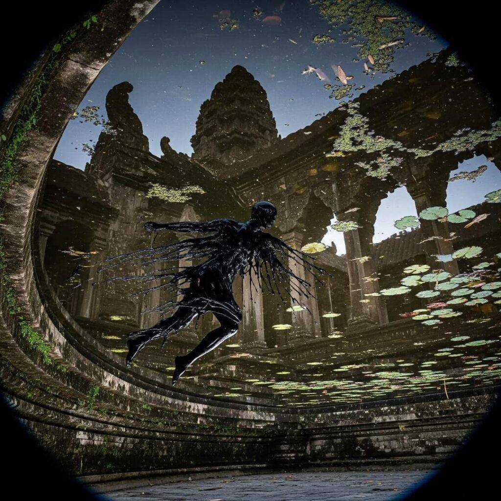 A figure shedding dark layers in a temple pond.
