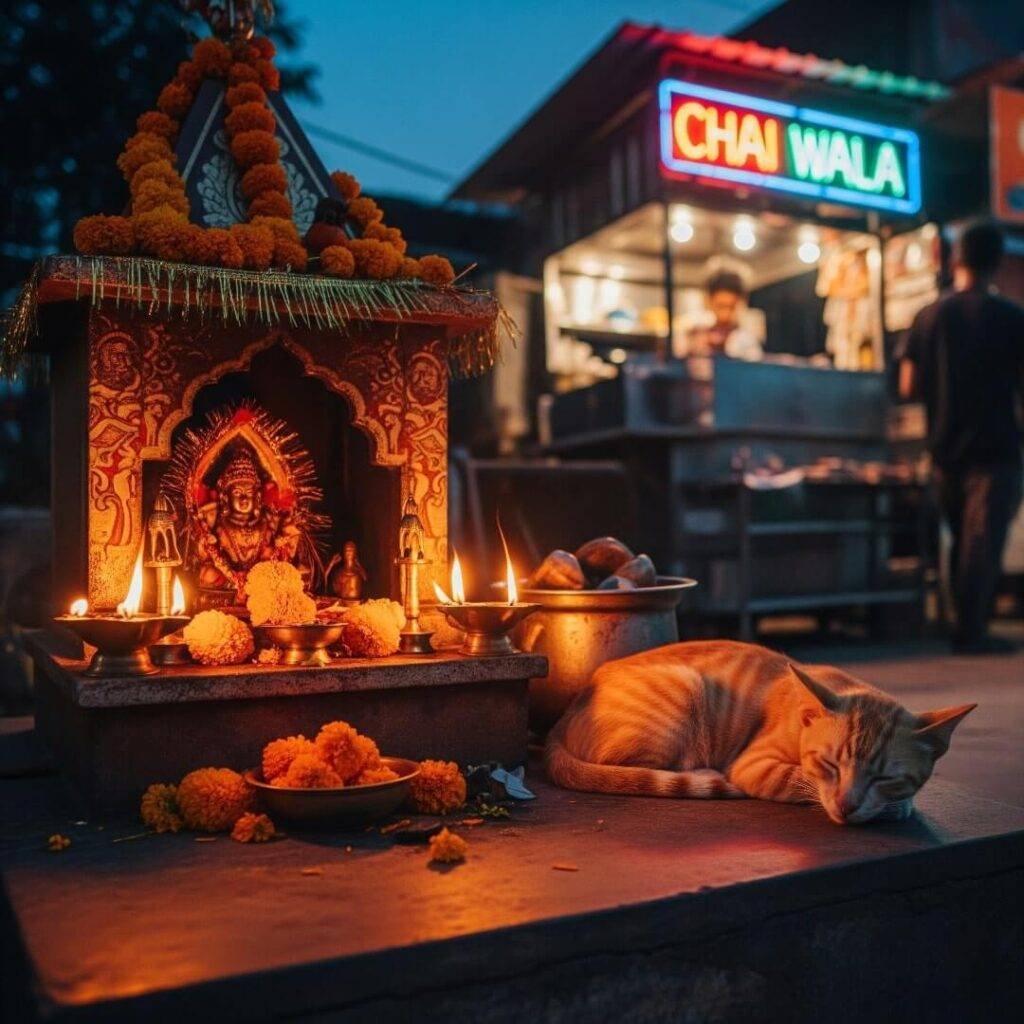 A napping cat beside a roadside shrine at twilight.