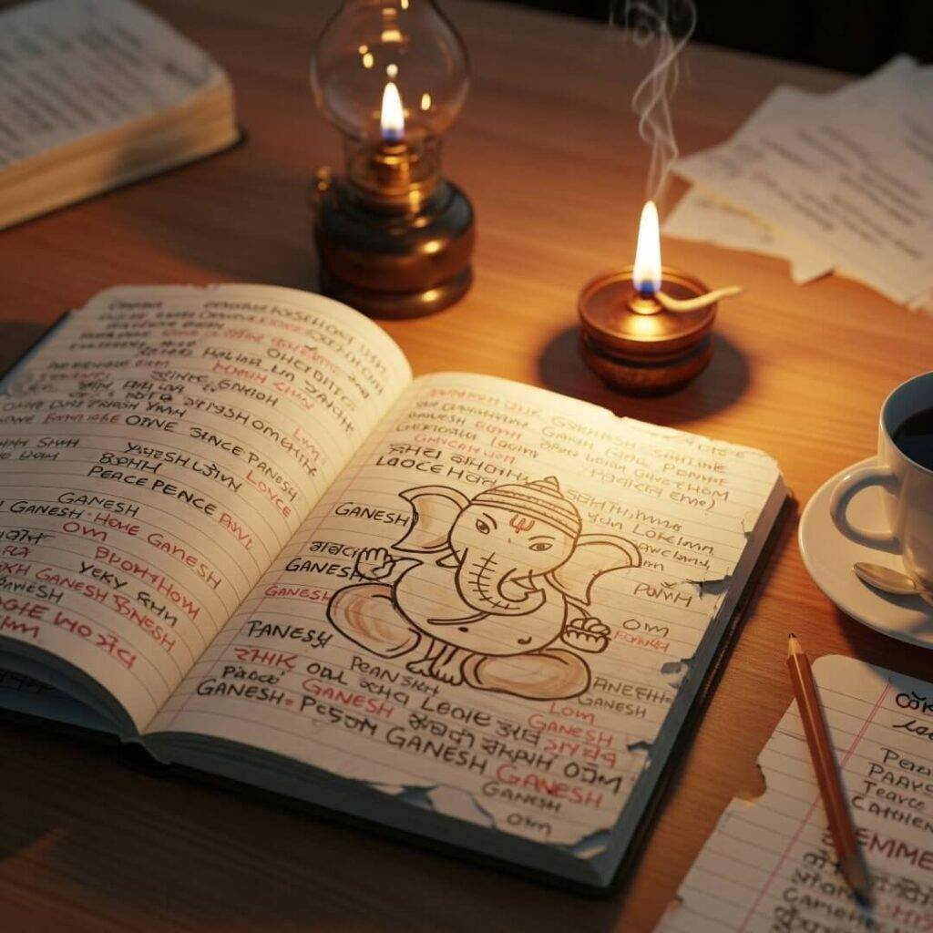 Tattered notebook with mantras, Ganesh doodle, lit by lamp.
