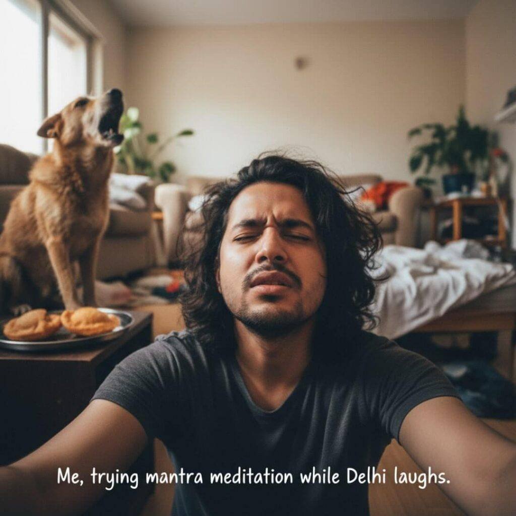 Annoyed meditation selfie with barking dog and kachoris.