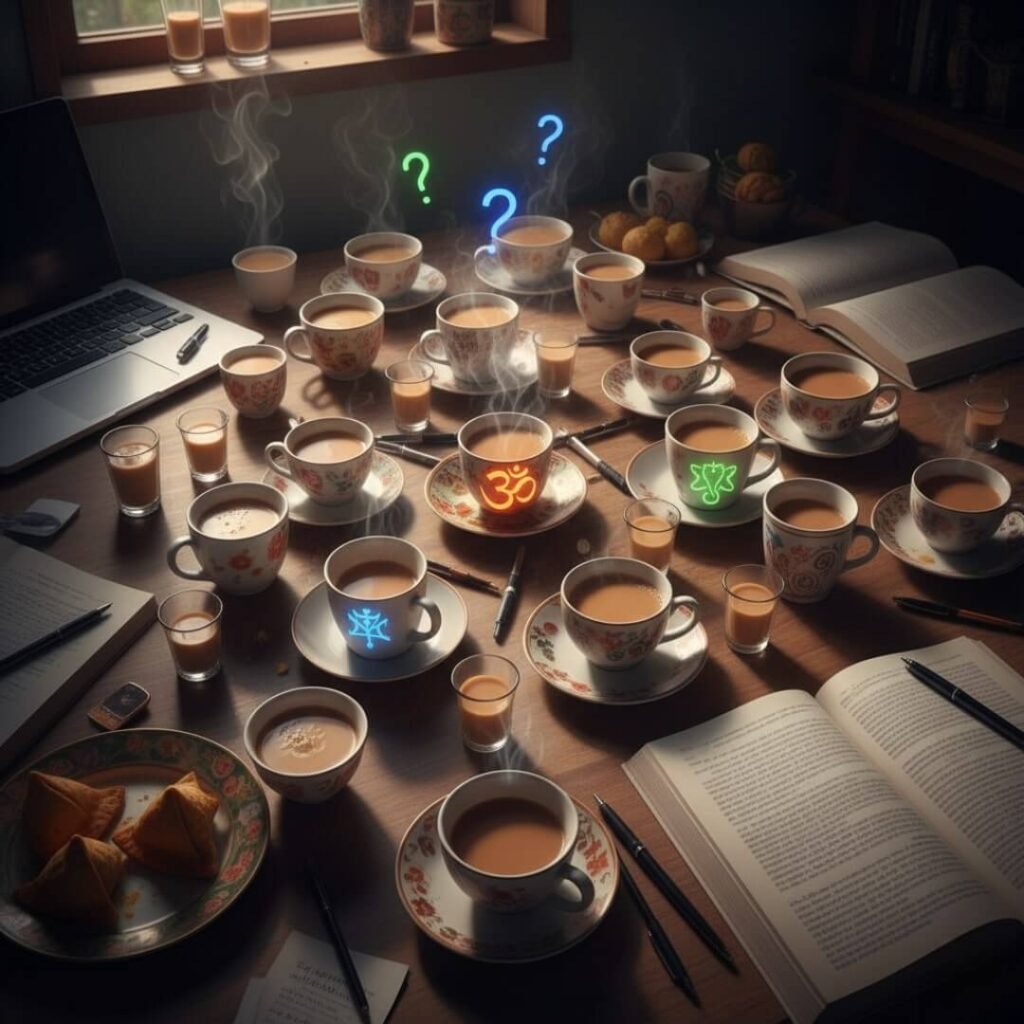 Chai cups forming a mandala on a messy desk.