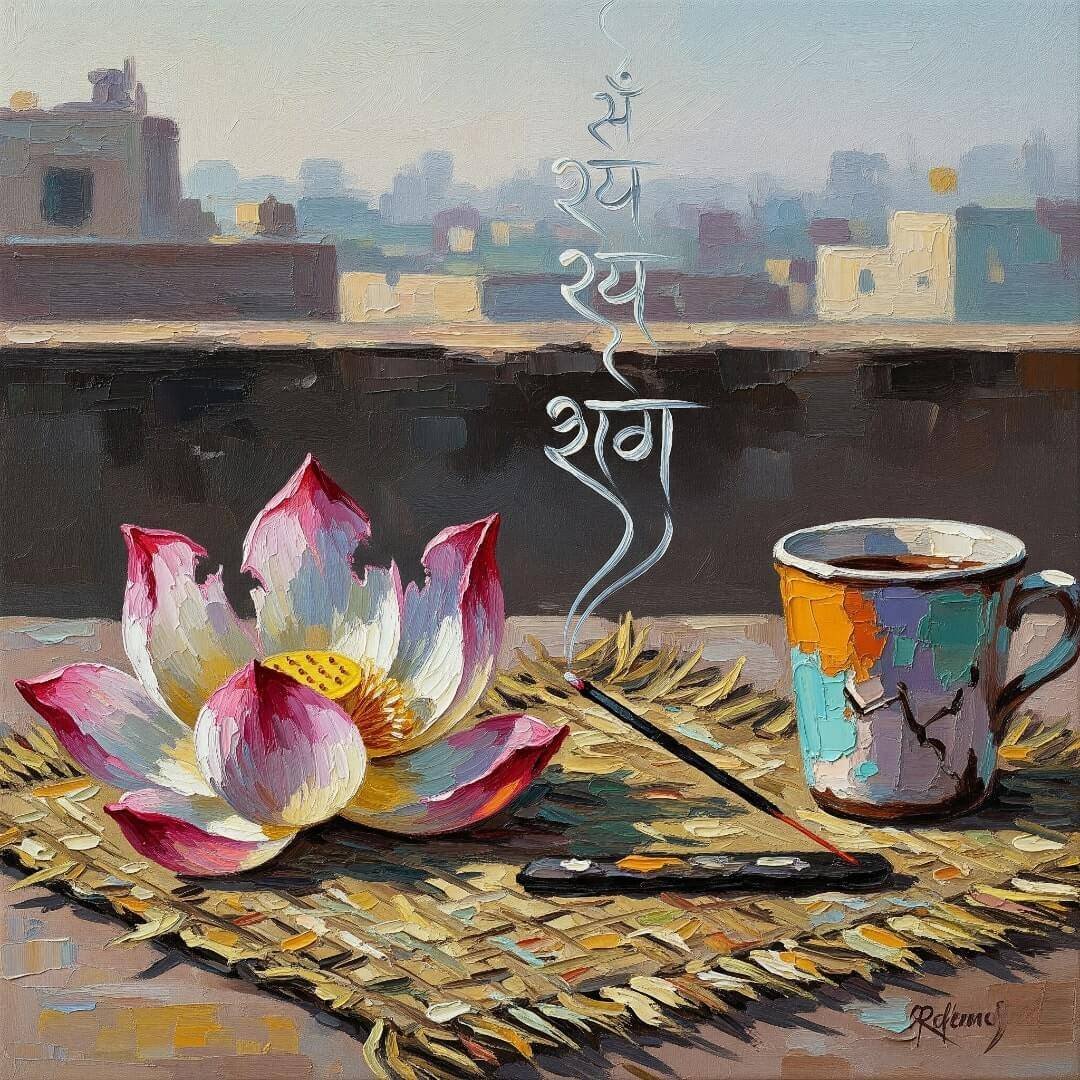 Impressionistic lotus, incense, chai cup on rooftop. Impressionistic lotus, incense, chai cup on rooftop.