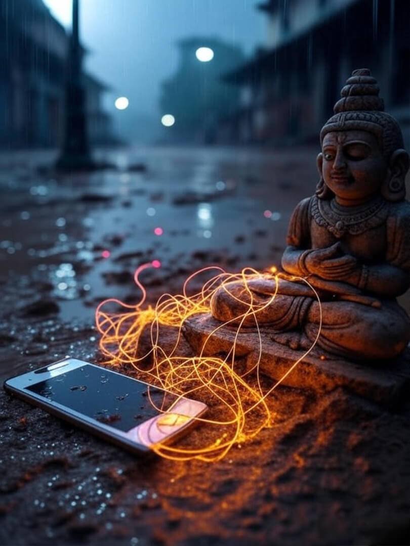 Rainy Bangalore, muddy yogi, glowing phone, karma threads. Rainy Bangalore, muddy yogi, glowing phone, karma threads.