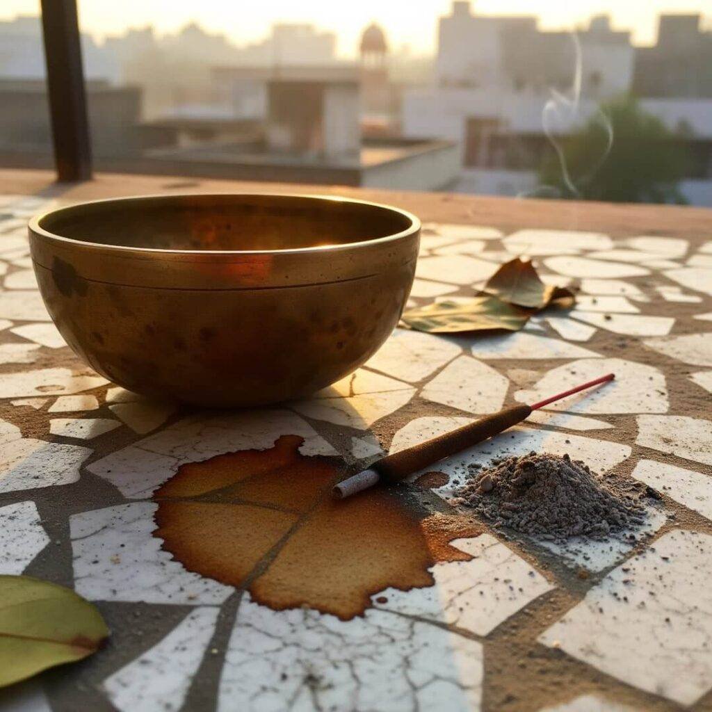 Impressionistic lotus, incense, chai cup on rooftop.