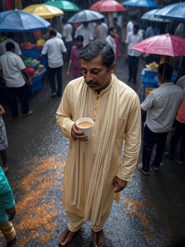 Mumbai street, spilled chai, colorful umbrellas, rainy chaos.