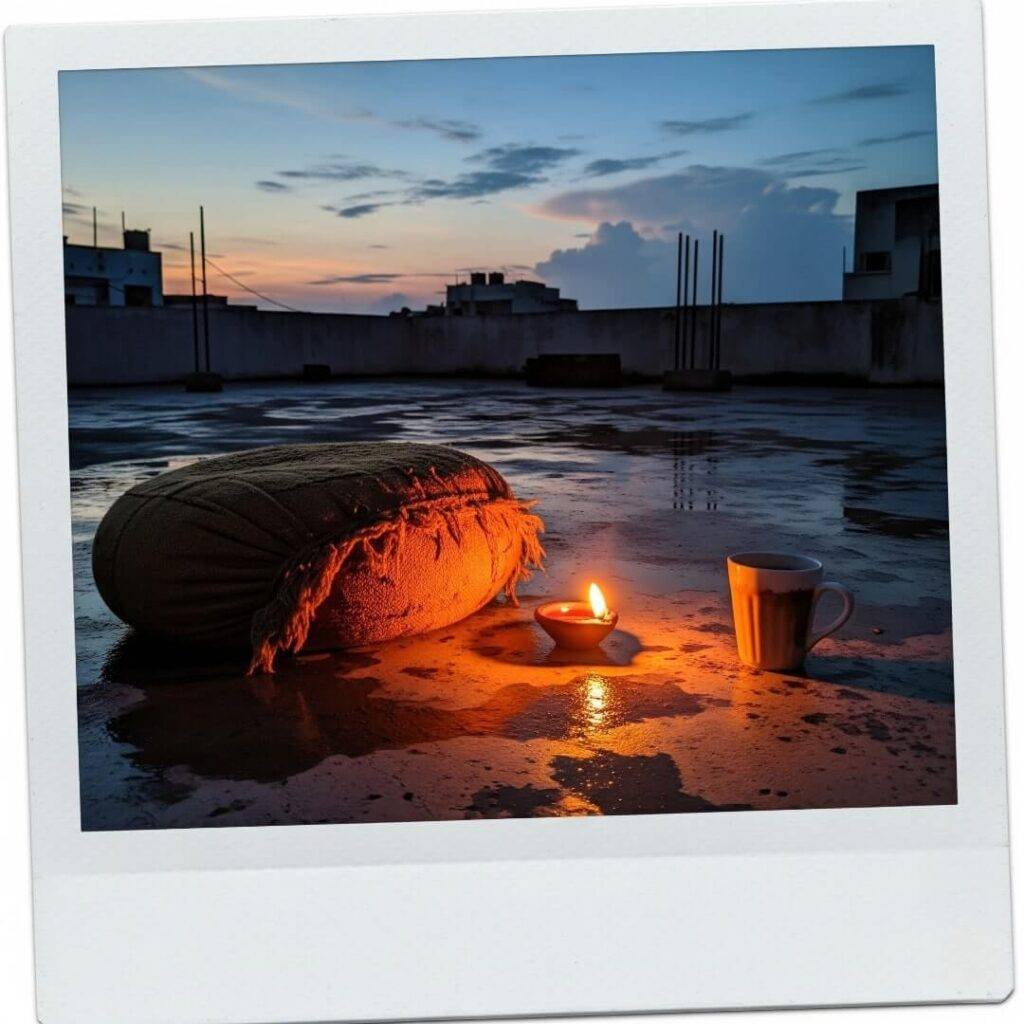 Impressionistic lotus, incense, chai cup on rooftop.