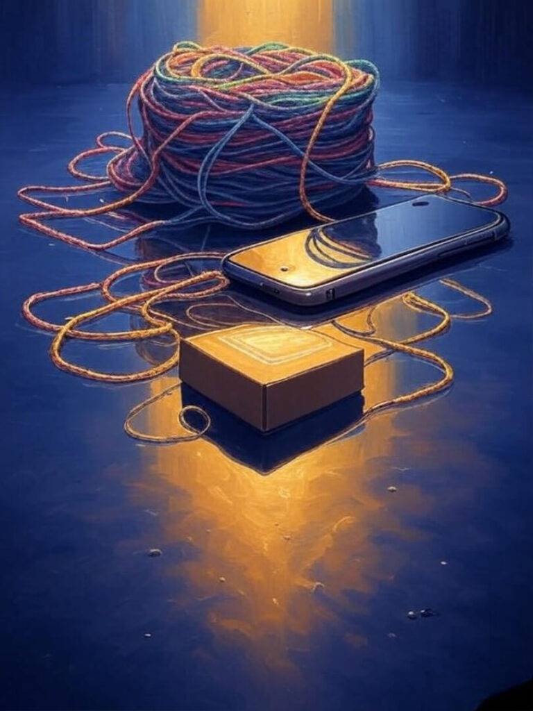 Puddle reflection, tangled threads, tiffin, phone, dharma mess.