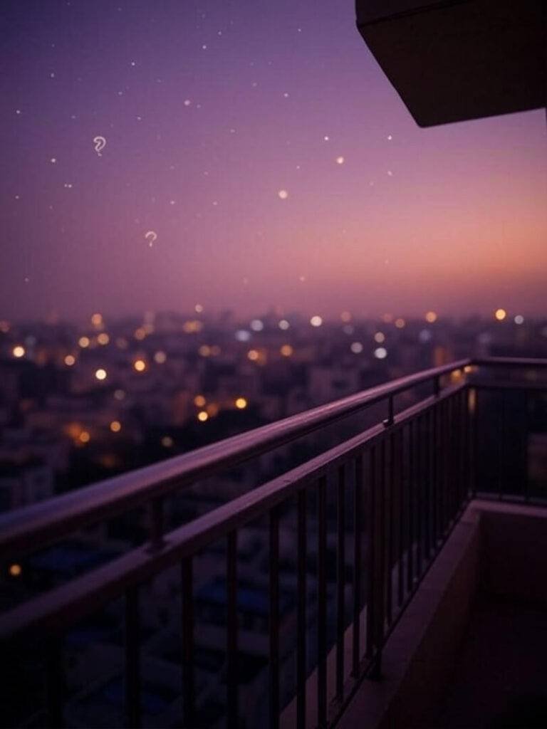 Bangalore balcony dusk, dharma wheels, city lights, questions.