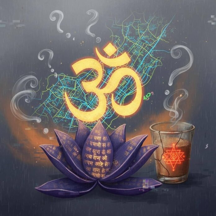 Om, Mumbai map, lotus, chai, incense smoke.