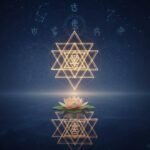 Yantra Insights: The Sacred Geometry of the Universe Sri Yantra glowing under starry sky with lotus.