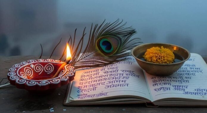 Diya, notebook, and marigold in foggy Varanasi.