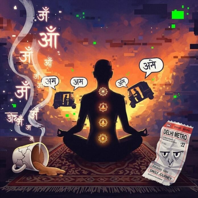 Meditator, glowing chakras, chai, metro ticket.