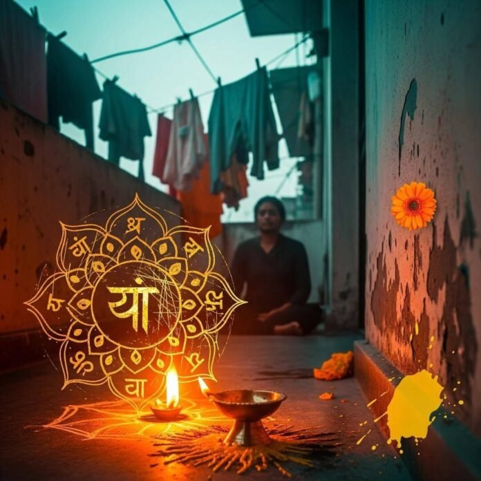 Urban balcony meditation with glowing mandala.