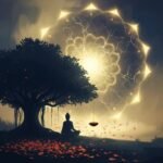 From Root to Crown: Using Chakra Mantras for Energy Flow Meditating figure under banyan tree with glowing mandala.