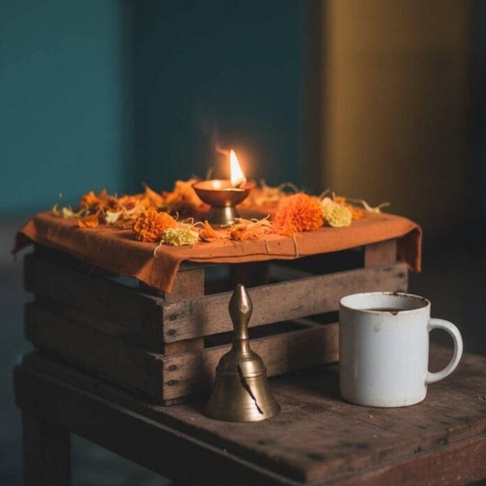 Wobbly puja altar with diya, marigolds, and chipped mug.
