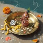 The Heart of Hindu Devotion: Stories, Songs & Mantras Artistic depiction of a brass aarti thali with religious items.