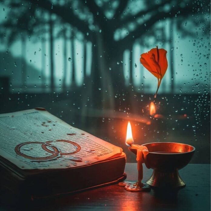 Prayer book, diya, rain-soaked window, banyan tree.