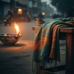 Morning vs. Evening Daily Prayer – My Not-So-Perfect Take Diya, shawl, and sparrow on stool at dawn.