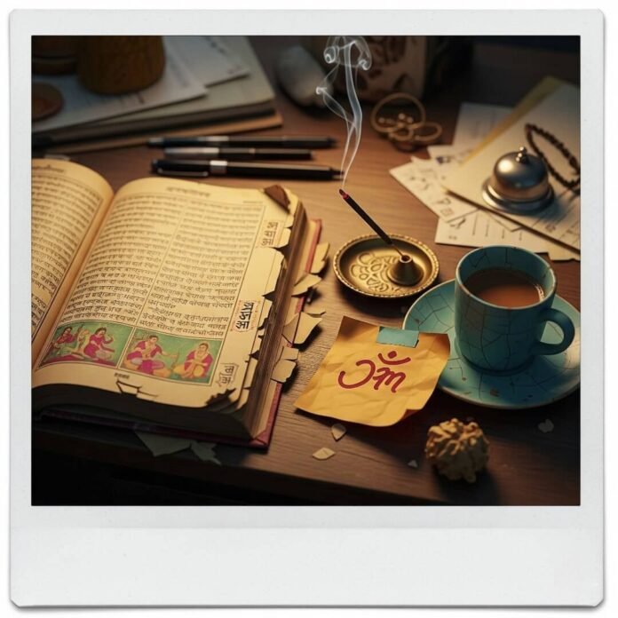 Messy desk with Sanskrit manuscript, incense, and chai.