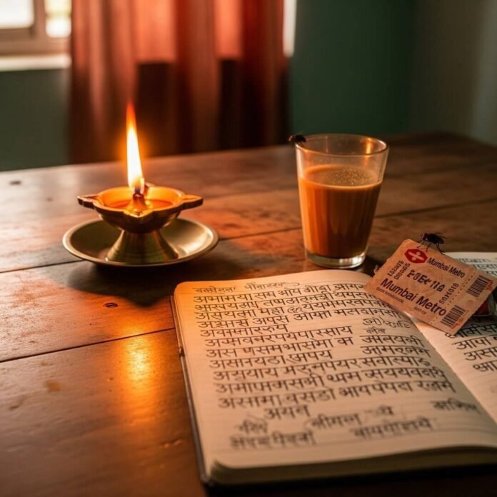Cluttered table with a diya, notebook, and metro ticket.