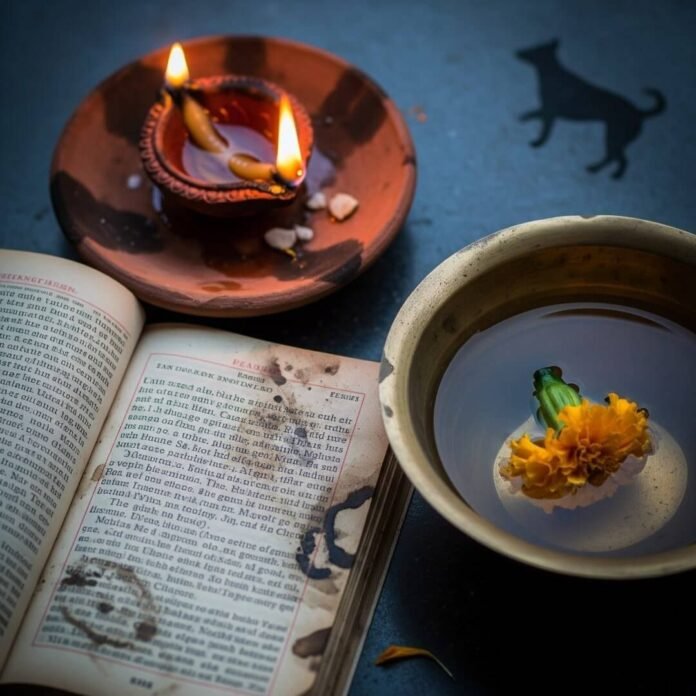Diya, book, and flower with dog shadow.