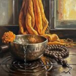 The Healing Power of Mantras: My Total Trainwreck of a Journey Still life: Singing bowl, mala beads, and saffron scarf.