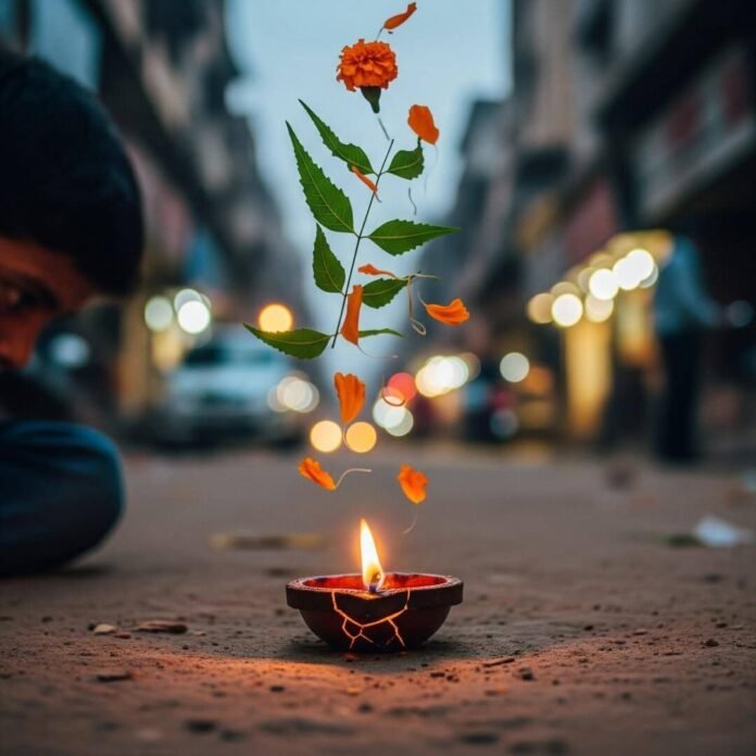 Diya glowing on a chaotic Delhi street.