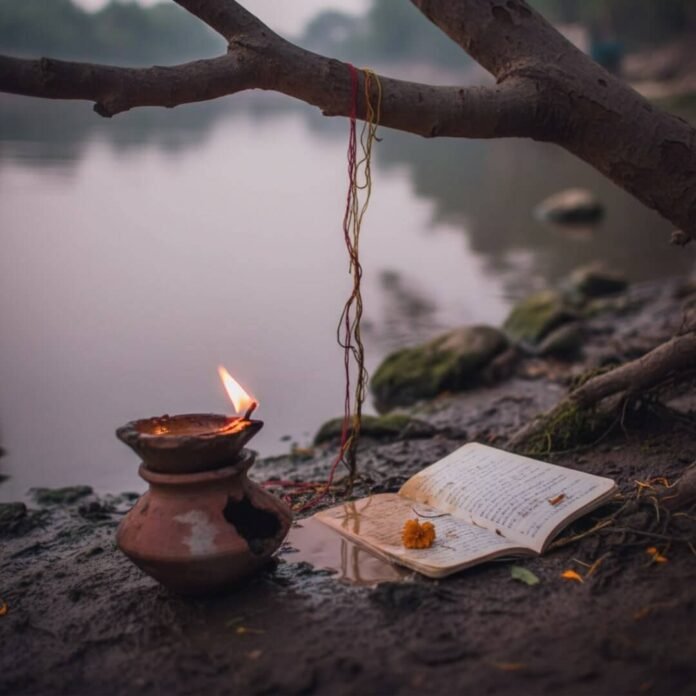 Diya, notebook, and marigold petal by a muddy river.