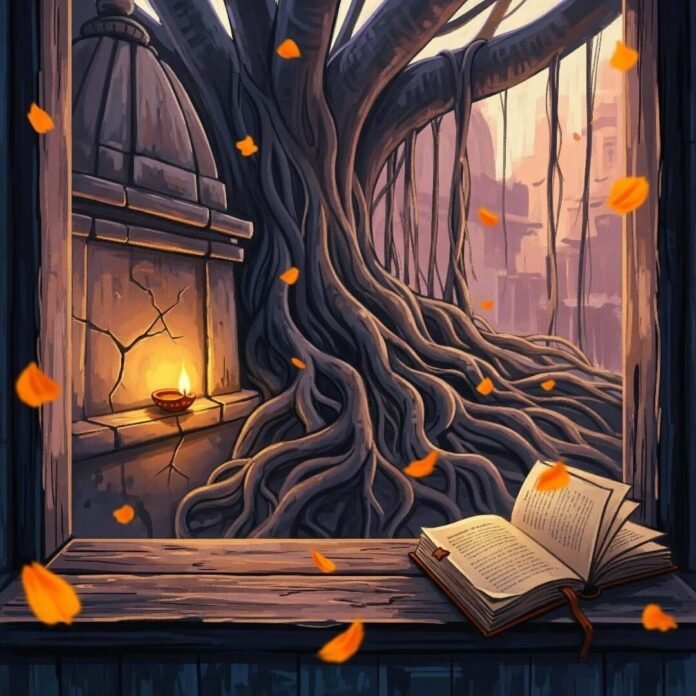 Banyan tree, temple, book on windowsill, marigold petals.