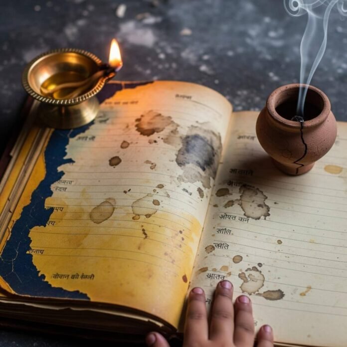 Old diary, diya, and child's hands.