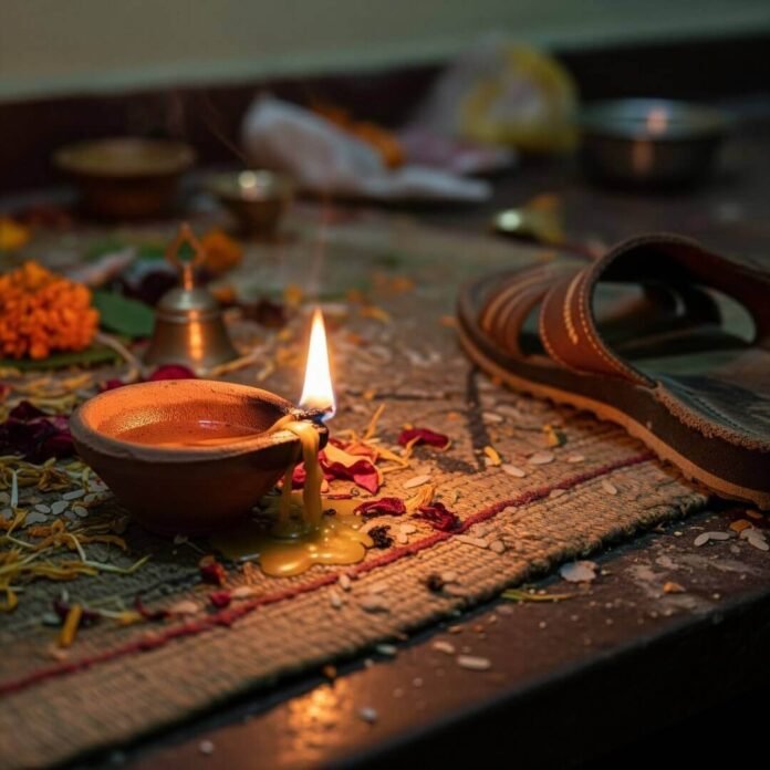 Flickering diya, cluttered puja table, sandal nearby.