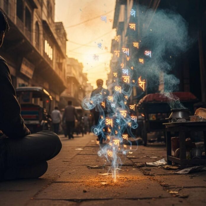 Mantra syllables blend with Delhi street smoke.