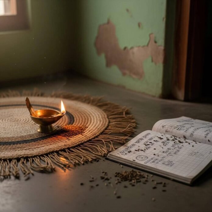 A dim corner with a diya, notebook, and scattered cumin.