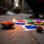 How Spiritual Symbols Shape Your Life’s Path Diya, rangoli, and rudraksha bead on a dusty pavement.