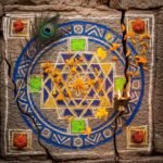 Spiritual Symbols in Hinduism: My Totally Messed-Up Journey Yantra on temple wall with diya and peacock feather.