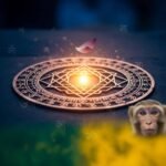The Science and Spirituality Behind Yantras Explained Copper yantra glowing with Sanskrit mantras and a monkey.