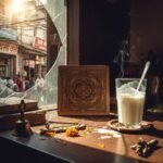 Beginner’s Guide to Yantra Insights and Daily Use Wooden yantra, lassi, chaotic Indian alley through cracked window.