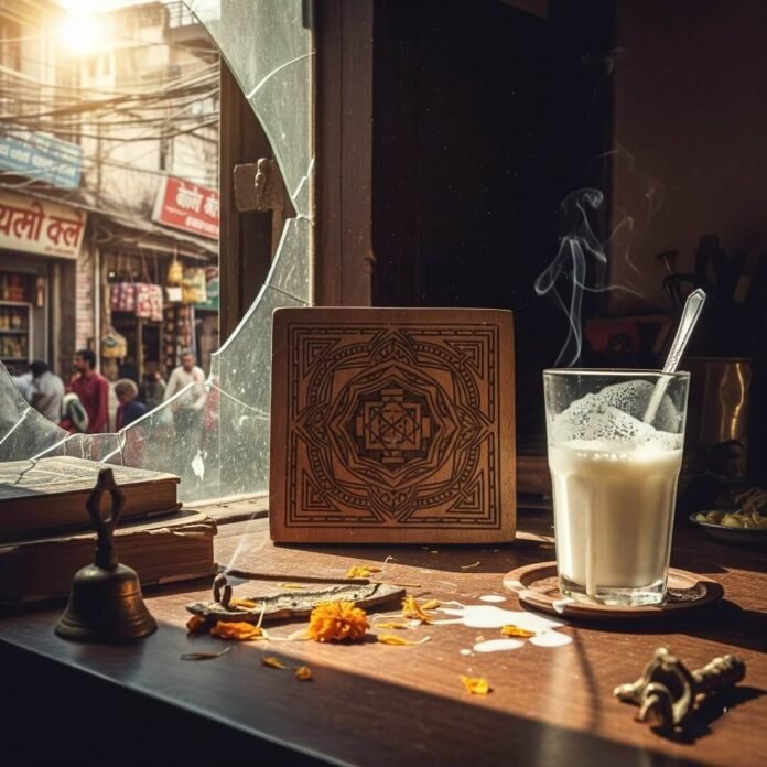 Wooden yantra, lassi, chaotic Indian alley through cracked window.