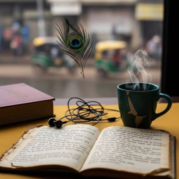 Mumbai desk with diary, chai, earphones, peacock feather.